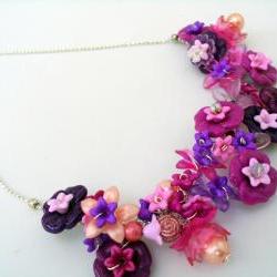 pink and plum floral bib necklace
